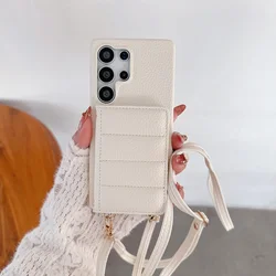 Luxury Leather Card Wallet Phone Case with Shoulder Strap and Mirror Makeup Cover - Galaxy S23 Ultra (White)