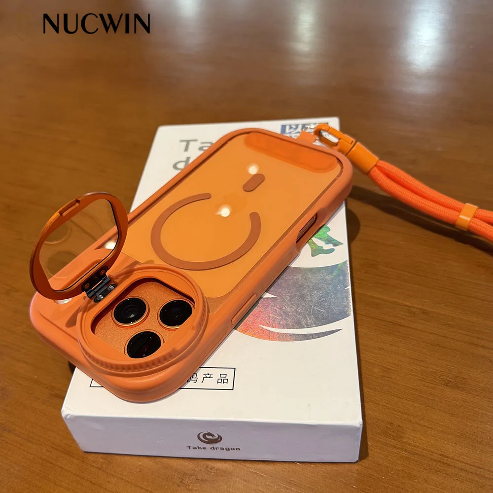 Luxury Magnetic Lens Bracket Lanyard Phone Case with Air Flip Stand and Transparent Cover