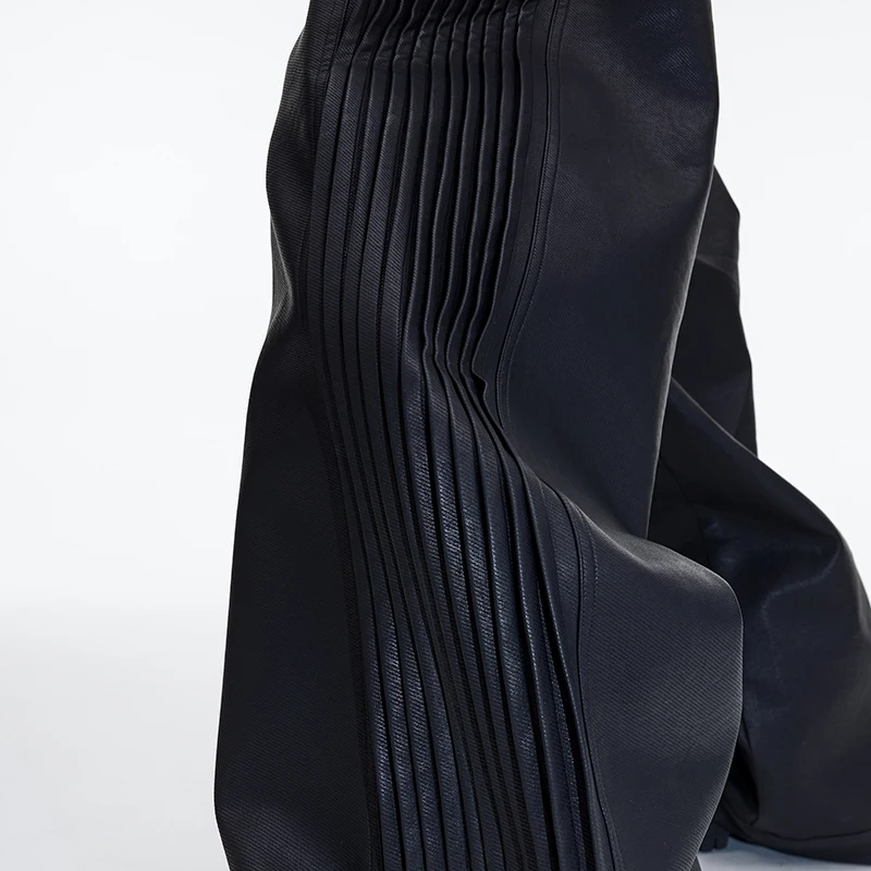 FEWQ Stylish Men's PU Leather Pants Deconstructed Pleated Loose Texture Straight Wide Leg Trousers Solid Color Design 24X1703
