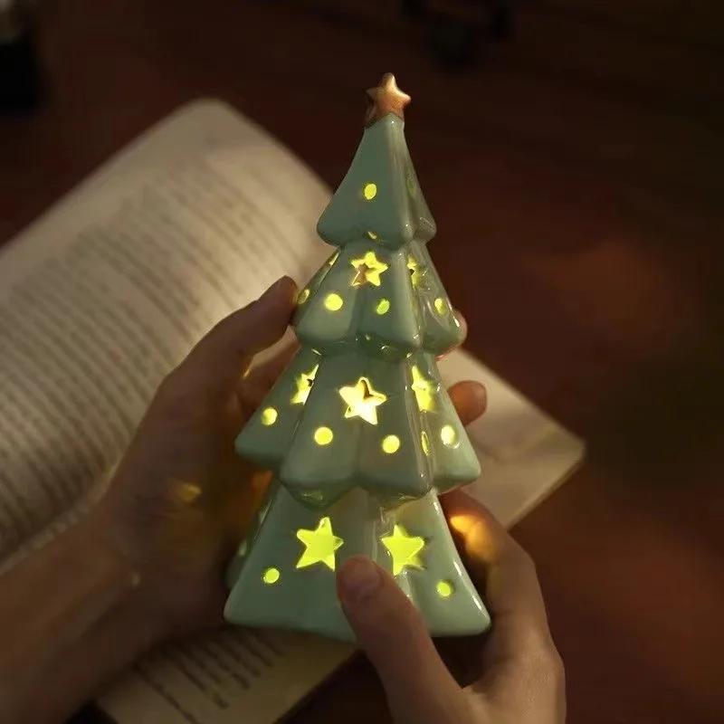 Cute Ceramic Star Christmas Tree Night Light Bedroom Desktop Decoration Crafts Atmosphere  Birthday  Gift  for  Friends