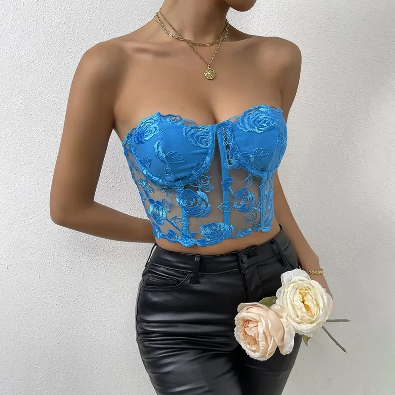 Women Sexy Corset Bra Lace Embroidery Floral See Through Off