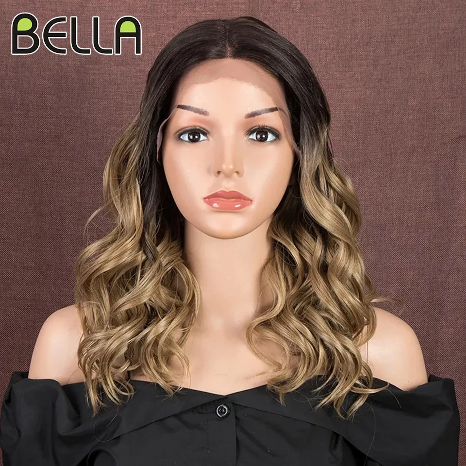 Bella Lace Front Wig Synthetic Bob Wig Short Curly Hair 20 Inch Ombre Blonde Highlight Colored Synthetic Wigs For Women Cosplay