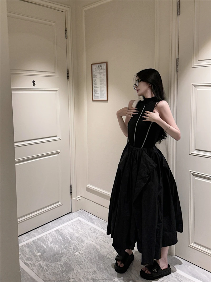 Casual Black Knitted Dresses for Women Sleeveless Vest Dress A-line Casual Korean Fashion Half High Collar Autumn New Vestido