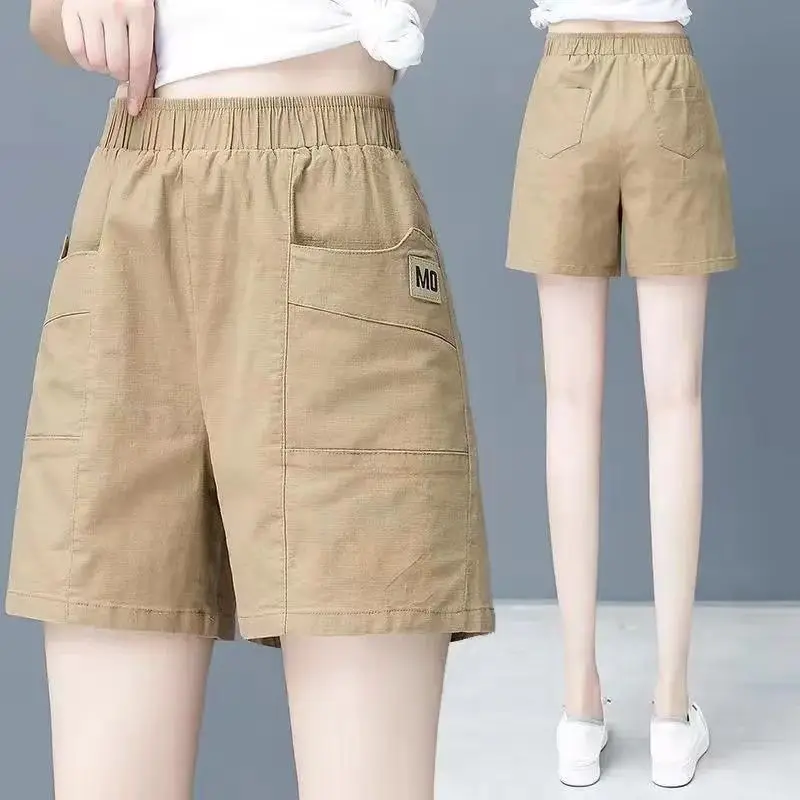 Minimali Commute Summer Thin Cotton Elastic Pants Women's Solid Spliced Pockets Epaulet Loose Straight Casual High Waist Shorts