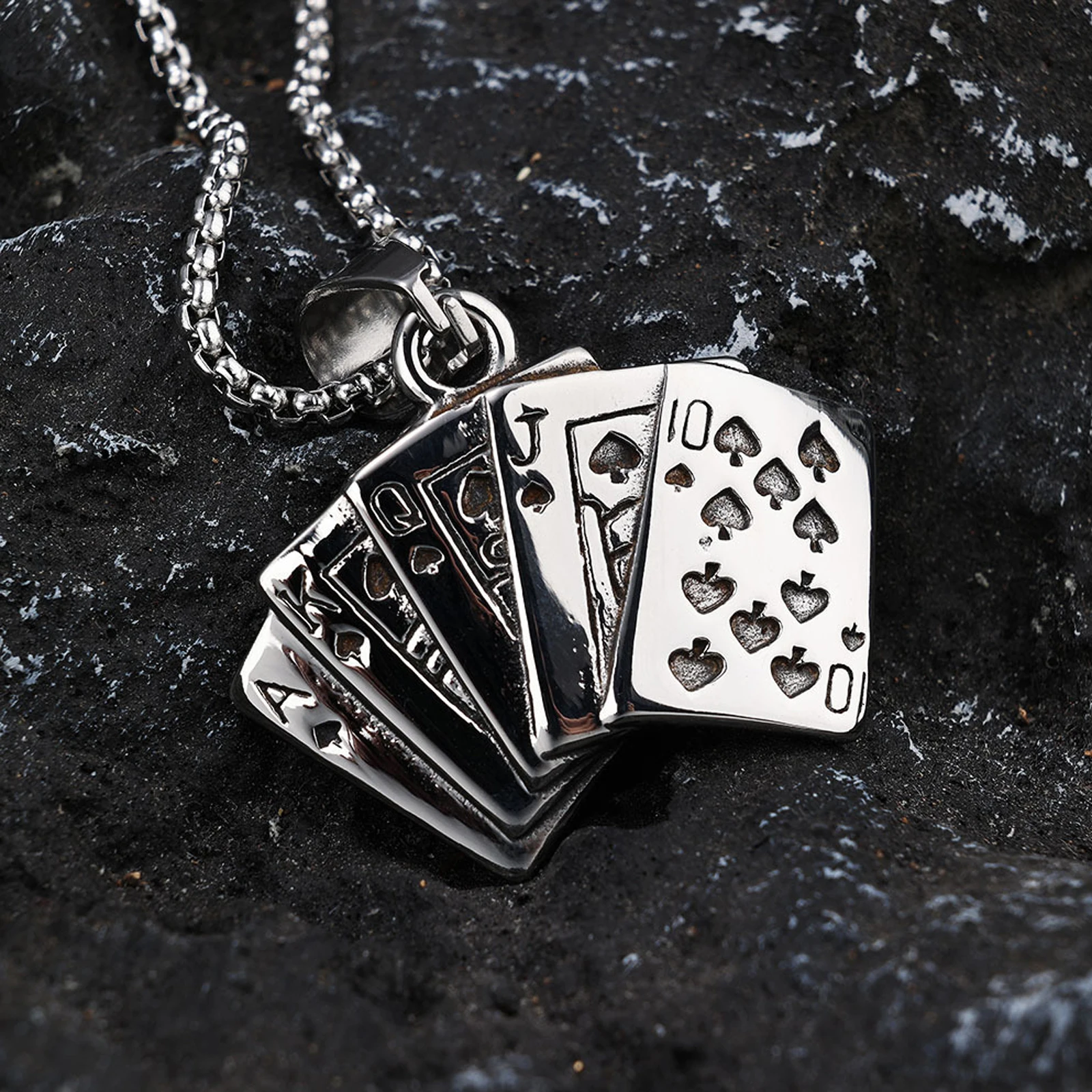 Unisex Stainless Steel Polished Playing Card Pendant Necklace