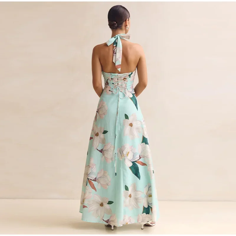 Damen-Maxikleid mit Blumendruck, Neckholder, tiefem V-Ausschnitt, ärmellos, hohe Taille, Schnürkleider, lässig, für den Urlaub, Strand, Streetwear – Detail 11