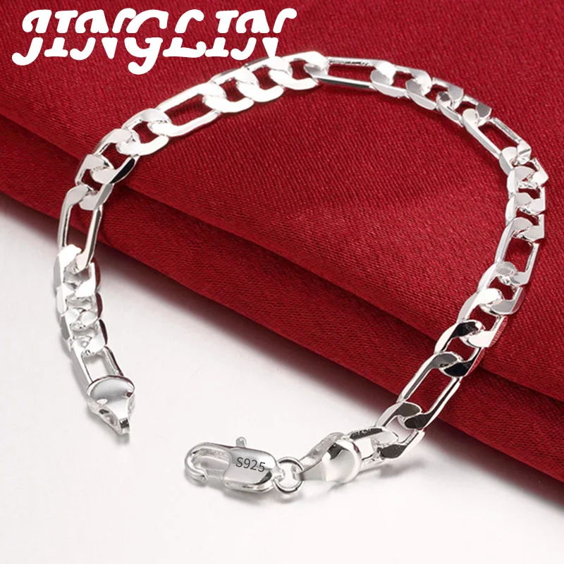 gold necklace JINGLIN  8 Inch 925 Sterling Silver 4MM/6MM Figaro Chain Bracelet For Woman Man Fashion Luxury Wedding Gift Jewelry silver chain for men