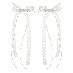 Elegant White Lace Ribbon Bow Hair Clips - Set of 2 (White)
