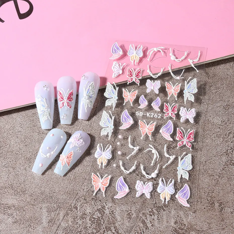 2pcs 5D Pink Cute Nail Art Stickers,Ballet Bow Ribbon Pink Embossed Decals  Nail Design 5D Texture Sliders Manicure Decoration Nail Decals Friend Gift