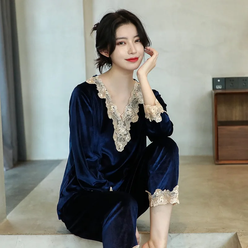 

Lace V-neck Sexy Sleepwear Women's Winter Pajamas Set Long Sleeve Top&Pants 2 Pieces Pijama Warm Velour Home Night Wear Pyjamas