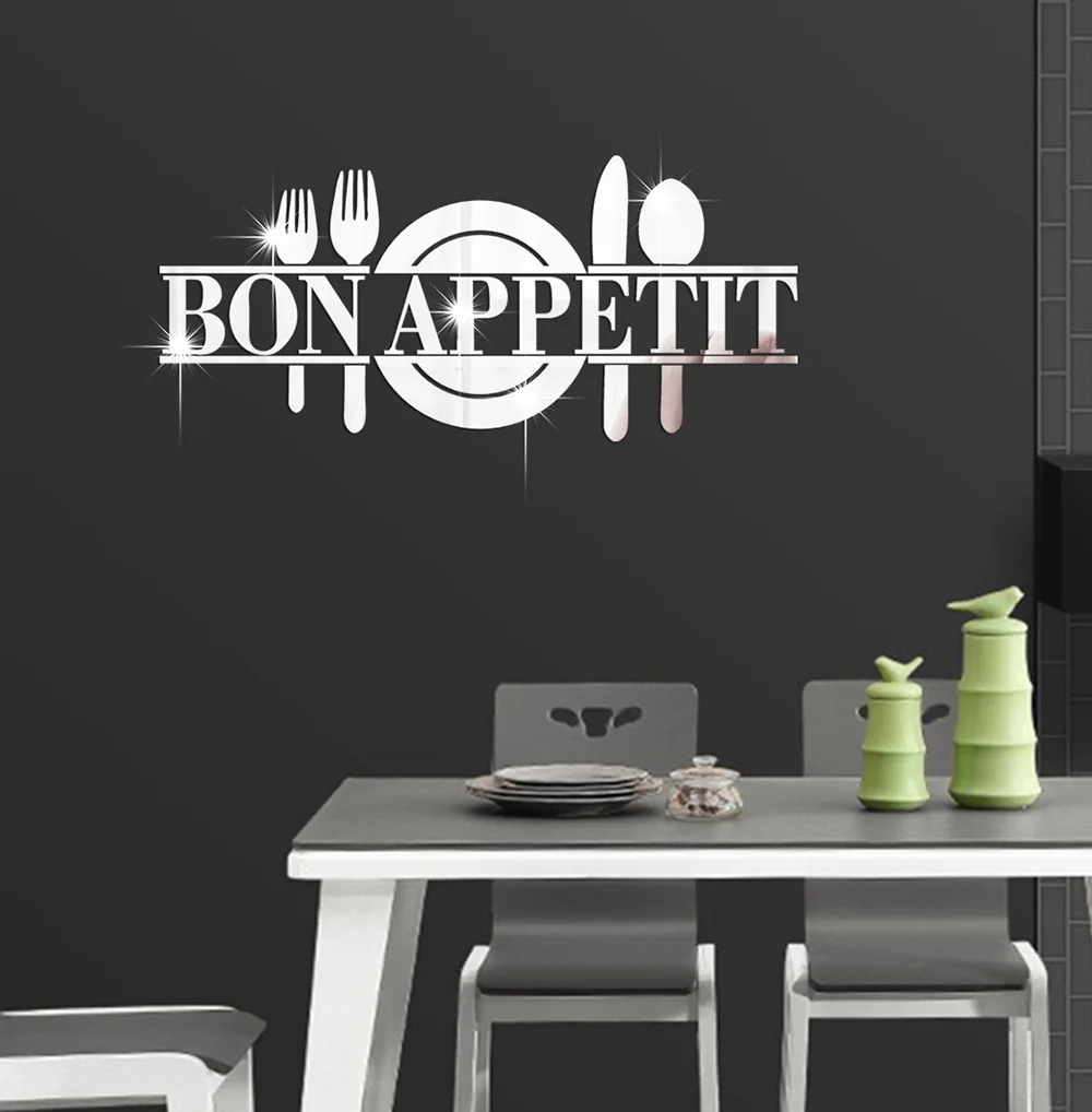 3D 아크릴 BON APPETIT 편지 식탁 거울 스티커, DIY 아트 나이프 포크 주방 벽 스티커, 침실 홈 장식