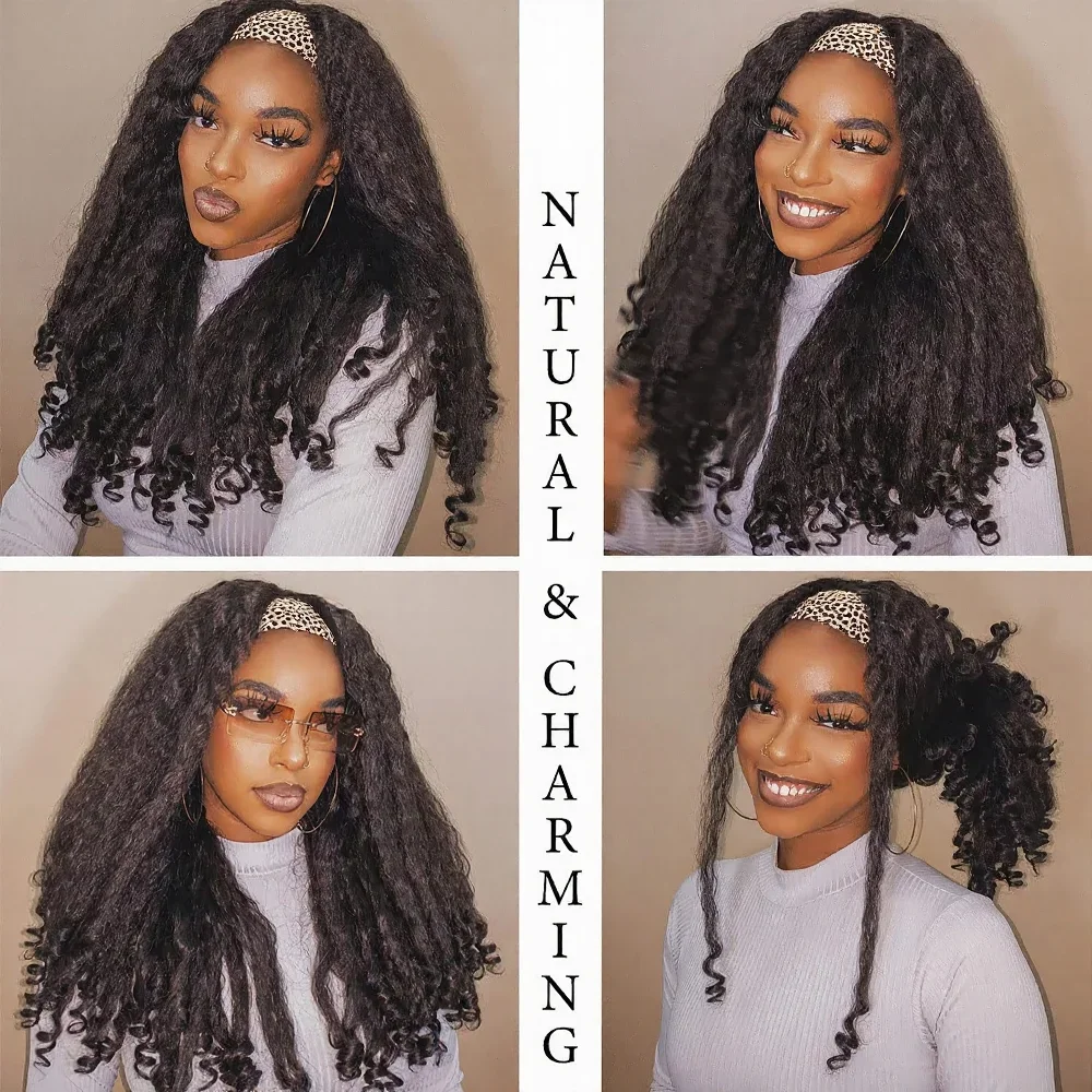 Yaki Headband Afro Curly Wigs Synthetic Kinky Straight with Curly Ends Glueless No Leave Out Clip in Half Yaki Straight Wigs 4