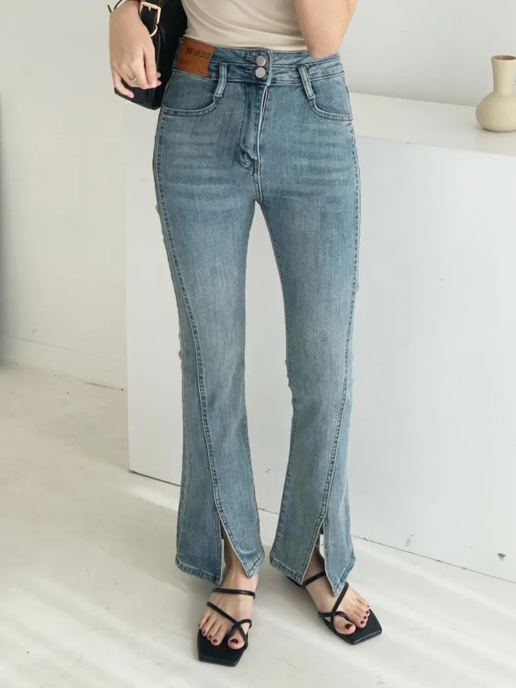 

Vintage Washed Flare Jeans For Women High Waist Stretch Split Denim Pants Blue Slim Trousers Spring Jean Female 1080