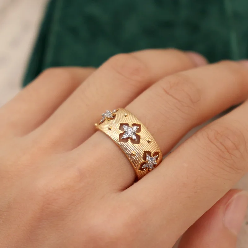 

European and American retro Italian brushed four leaf clover ring with versatile opening ring