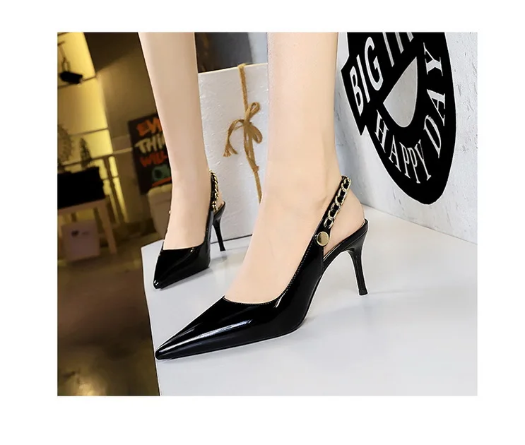 Shoes Metal Chain Women Pumps Patent Leather New Women 7 Cm 9.5 Cm Heels Women Summer Stilettos Sandals High Heels