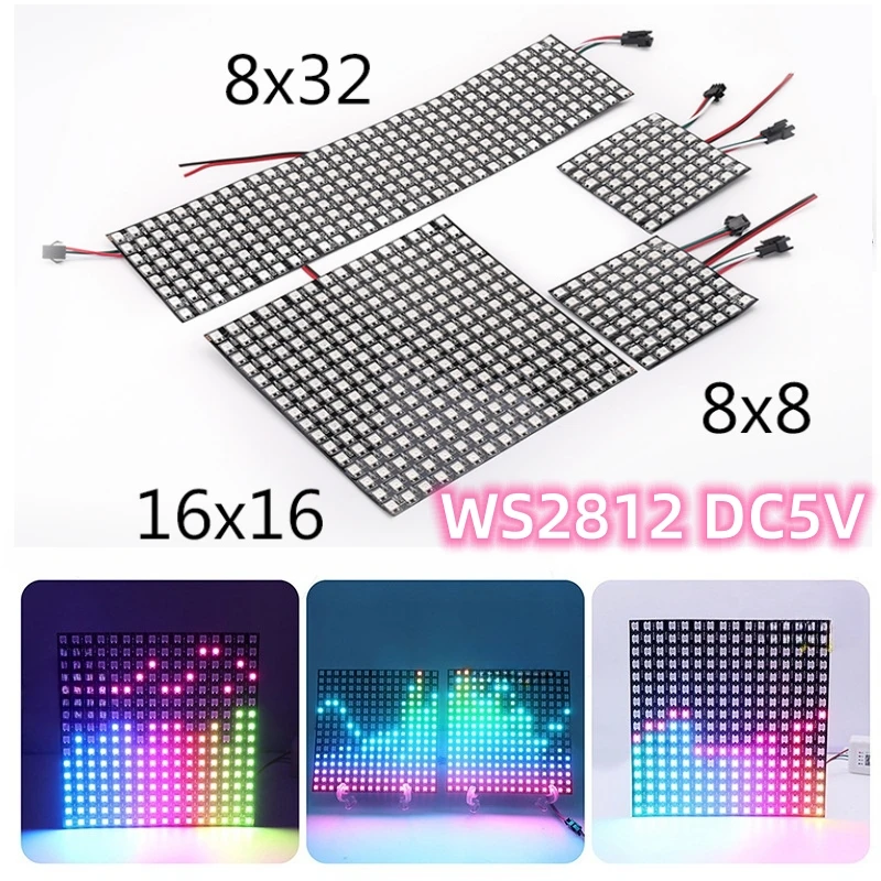 

DC5V WS2812B LED Flexible Strip 8x8 16x16 8x32 Pixel Panel Strip Matrix Screen Individually Addressable RGB Display Board Module
