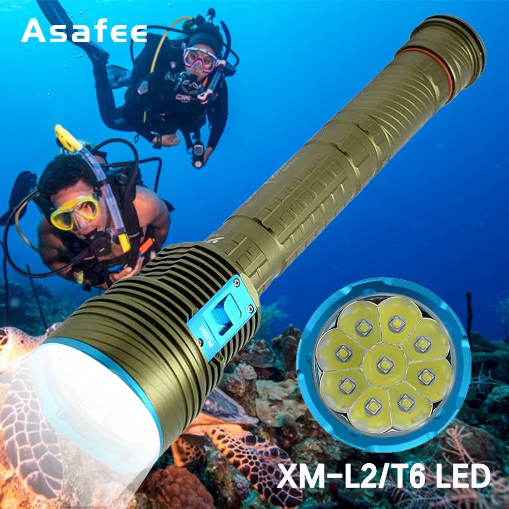 

Asafee DX9 100M Deep Diving Flashlight XM-L2/T6 LED 8000LM Magnetic Switch IPX8 Waterproof Scuba Torch Yellow/White 3 Mode Light