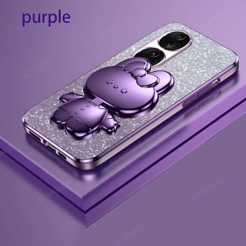 Cute 3D Rabbit Makeup Mirror Stand Plating Soft Phone Case - Protective Back Cover