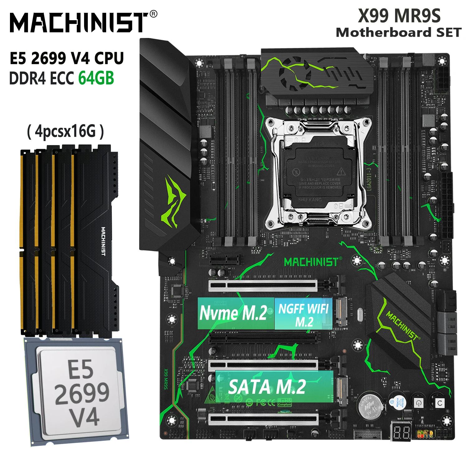 Machinist X99 Mr9S V6 Set Scheda Madre Lga 2011-3 Kit Processore Cpu Intel E5 2699 V4 4*16 = 64Gb Ddr4 Ecc Ram Memory Ssd M.2 Atx