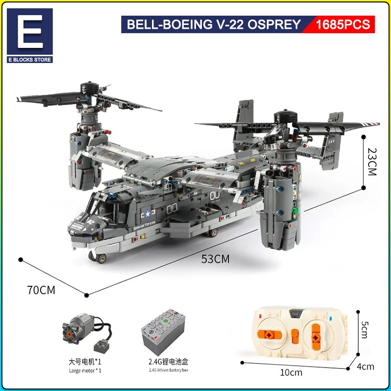 

WW2 Technical Electric Osprey Transport Aircraft Building Blocks High-Tech Sets Military Fighter Bricks Boys Toys for Kids Gifts