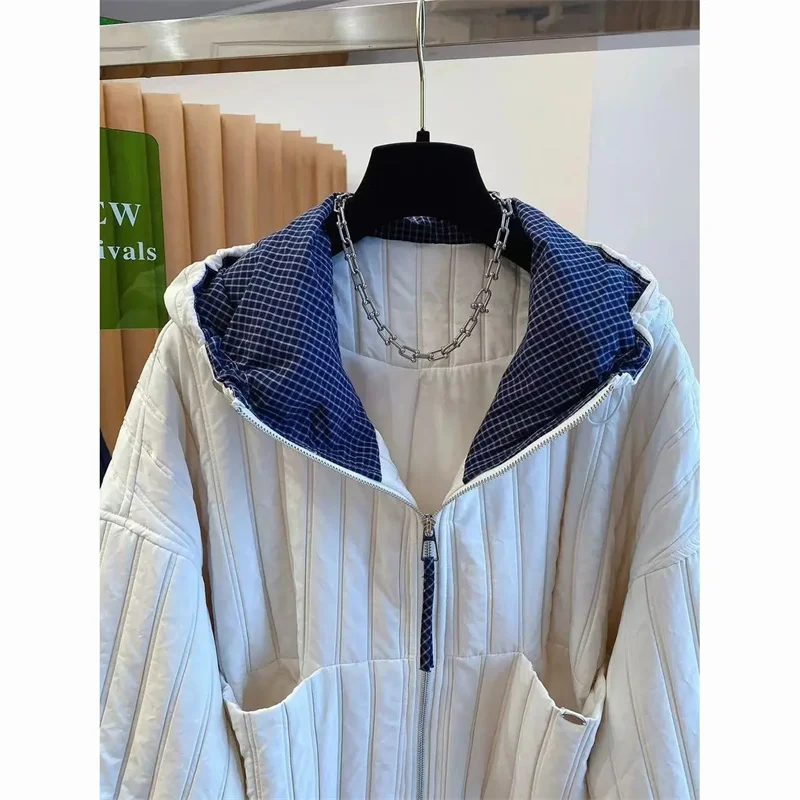 Women's Jacket Hooded Cotton Jacket Women's Plaid Stitching Cotton Jacket Autumn new Thin Cotton Coat in Cotton-padded Jacket