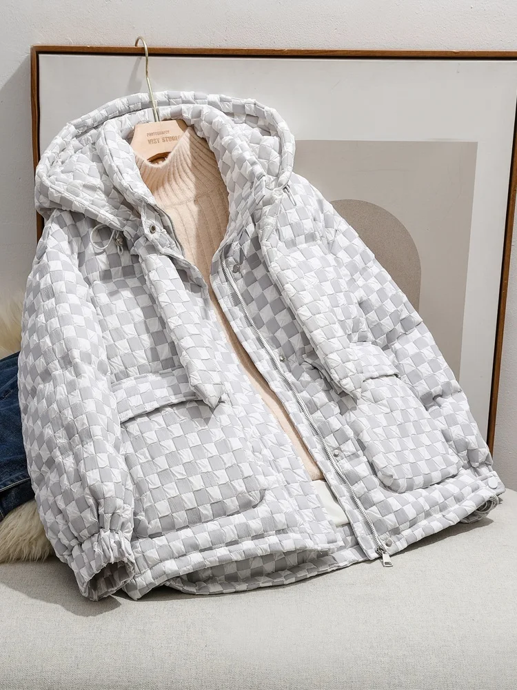 2022-new-european-station-checkerboard-down-jacket-women's-short-hooded-loose-thicken-warm-parka-white-duck-down-jacket-trend