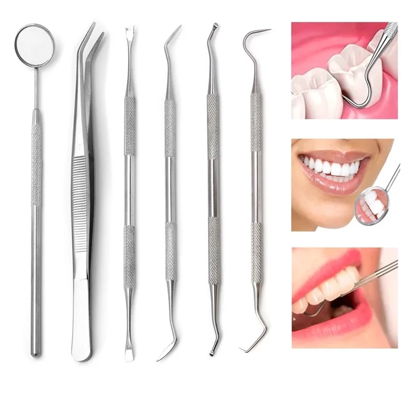 Set Di 6 Strumenti Dentali In Acciaio Inossidabile, Kit Per Dentista, Denti Puliti, Specchio Per L'igiene, Igiene Orale - Italia - Foto 5