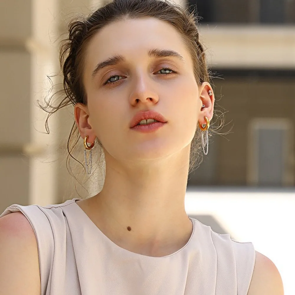 PVD Round Tube O-Shaped Hoop Earrings Double-layer Chain Huggie Drop Earring Mix Color Stainless Steel Statement Jewelry Bijoux