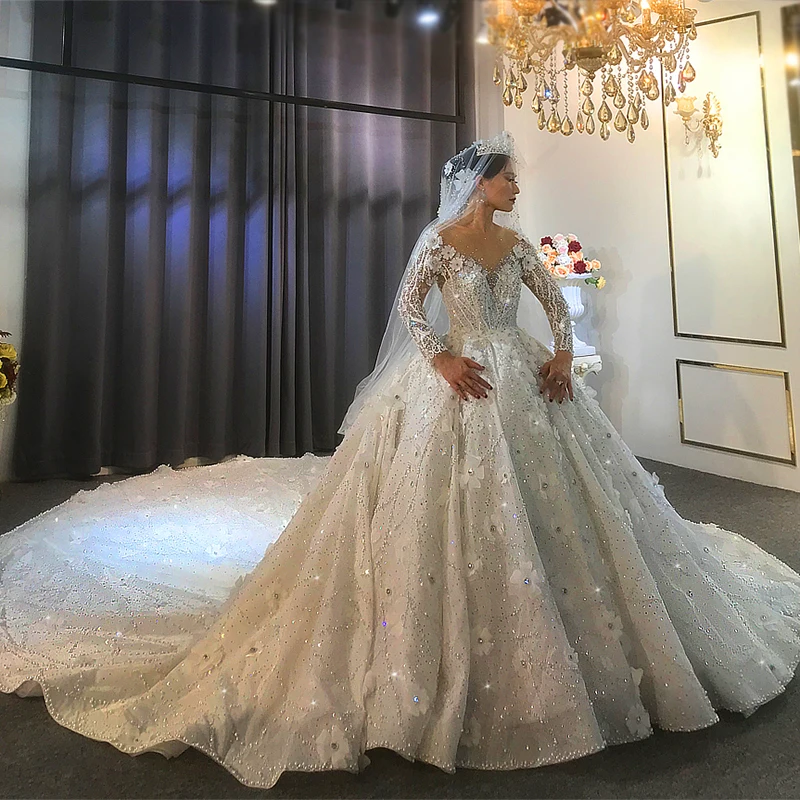 

Luxury Long Sleeve Reception Dress For Bride Cathedral Train Wedding Dress Appliques Beading Crystal Bridal Gown Robe Mariage