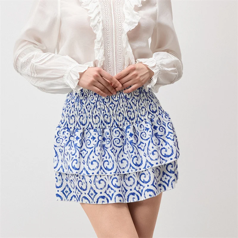 Minifalda de verano para mujer, con estampado floral, elástica, de cintura alta, con volantes escalonados, faldas cortas de corte A, faldas para salir, ropa de calle