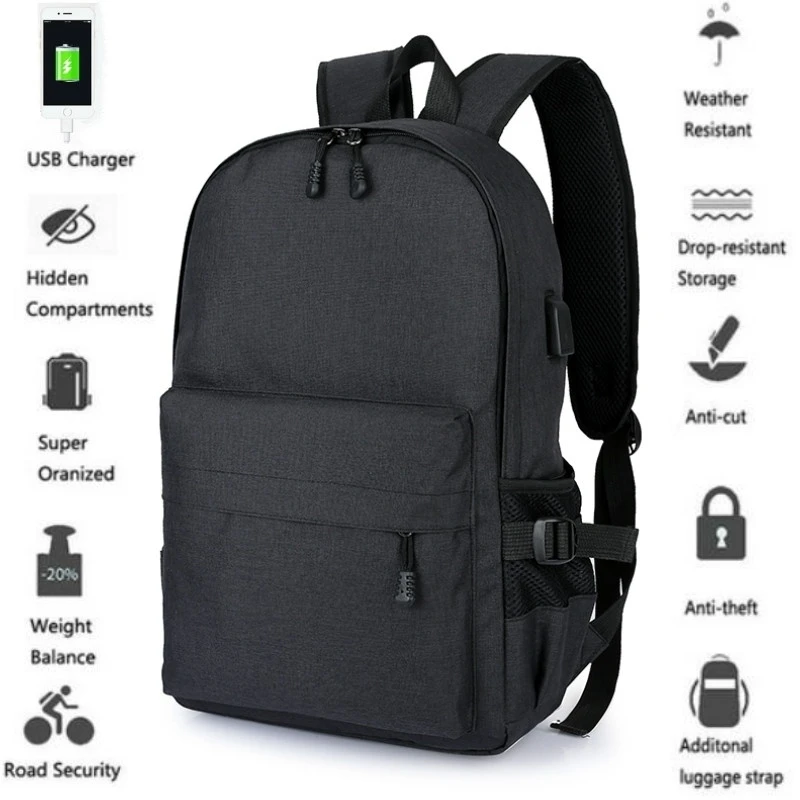 New fashion Black/Grey Men Fashion Laptop Backpack Travel School Bags Bookbag with USB Charger Port