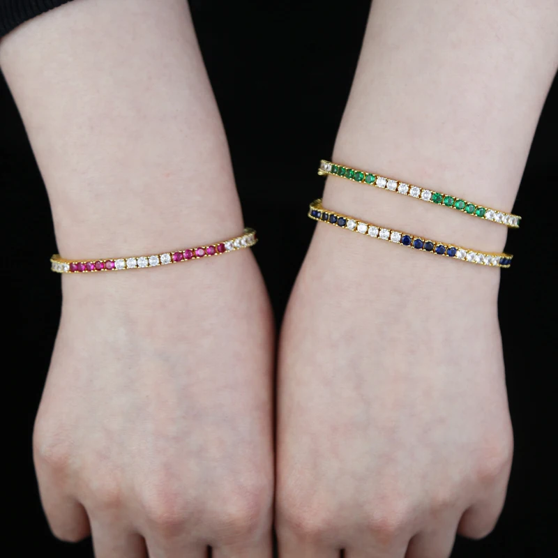 18k Gold Plated 3MM 4 Prong Setted 5A CZ Tennis Chain Bracelet High Quality Green Blue Red Colorful Summer Jewelry