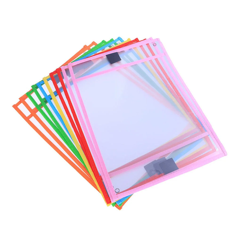 

Reusable Dry Erase Pockets Assorted Colors Stationery for Office School with Pen Case PVC Transparent Write and Wipe