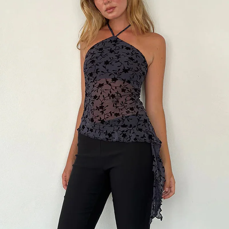 y2k Halter Top Women Sexy Clothes Floral Print Sleeveless Backless Camisole with Asymmetrical Ruffle Hem Party Clubwear 6 y2k Halter Top Women Sexy Clothes Floral Print Sleeveless Backless Camisole with Asymmetrical Ruffle Hem Party Clubwear