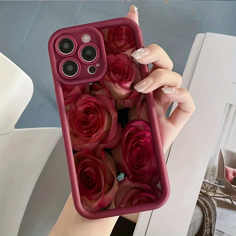 Red Rose Flower Pattern High-Edge TPU Anti-Drop Phone Case - Perfect for Gifts to Couples, Family, Friends, and Various Holidays