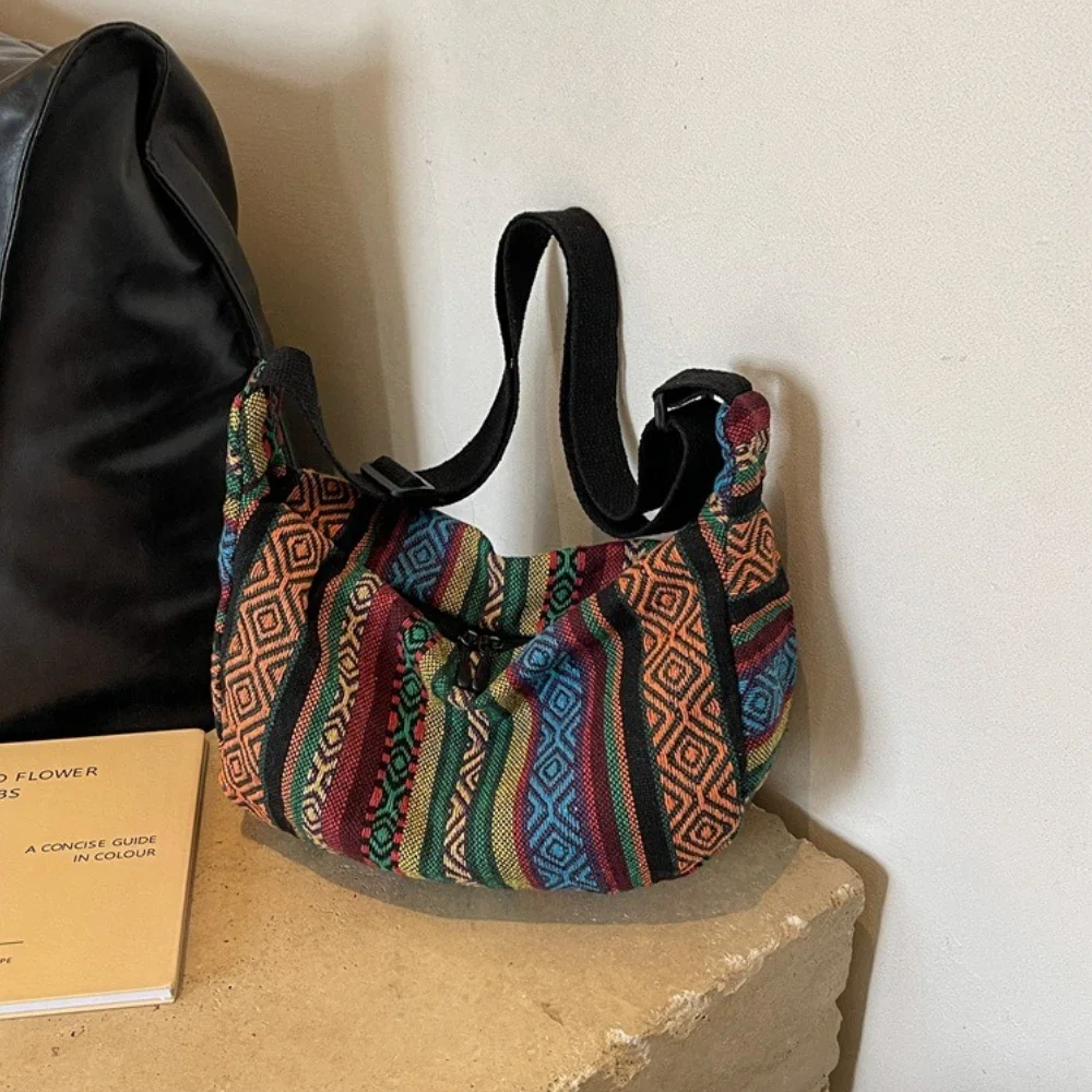 Tribal Style Shoulder Bag, Foldable Crossbody with Zipper Closure, Striped Pattern, Flag Theme Hand Washable Edge Painted Lining