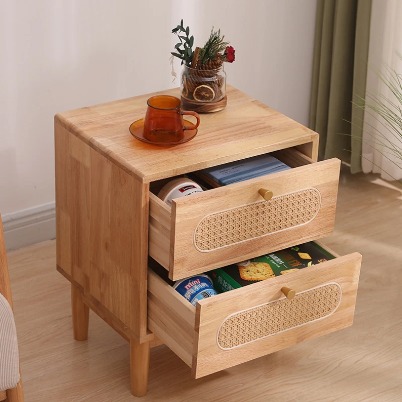 Nightstands Set of Bedside Table with Drawer and Shelf Handmade Rattan Decorated Doors Night Stands for Bedroom