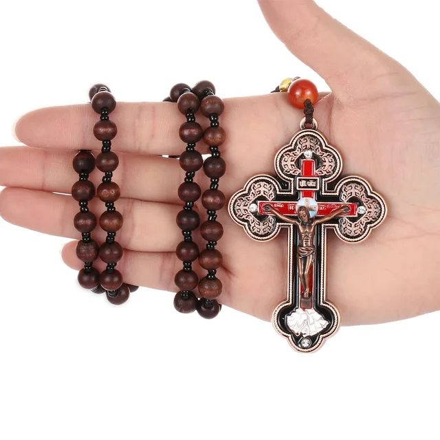 Katholisch für Kreuz Halskette Holzperlen Rosenkranz religiöse tragen Jesus  geschnitzt Anhänger Kette Christliche Gebet Schmuck