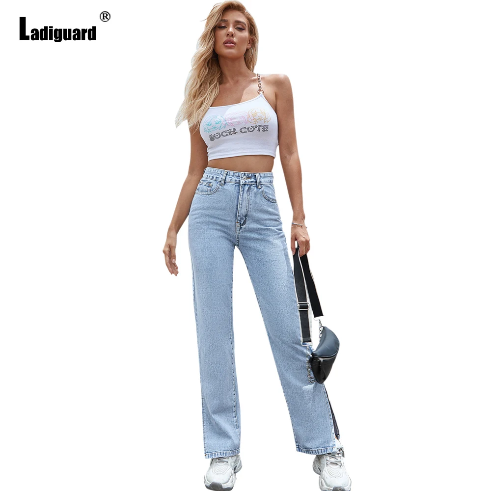 Sexy Hole Ripped Denim Pants Women's Stand Pocket Jeans Straight Leg Trouser High Cut Vintage Jeans Pants Vaqueros Mujer 2023