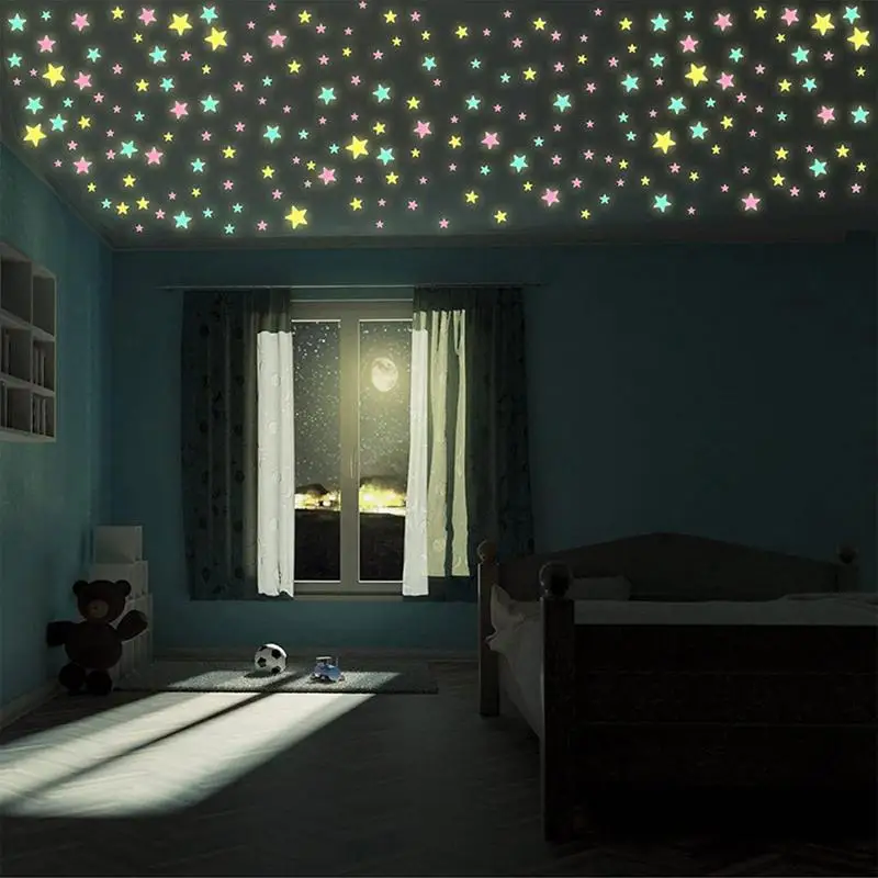 Glow In The Dark Luminous Stars Fluorescent 100 Pcs Stars For Ceiling And Wall Stickers Leave No Trace For Kids Toys Room Decor