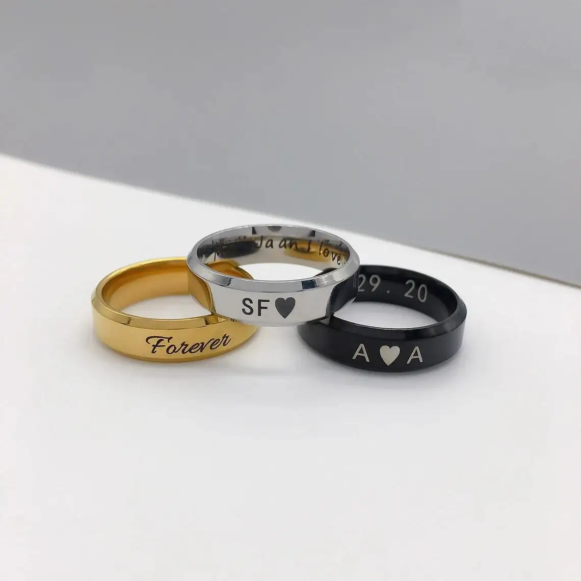 Matching Couple Rings with Zirconia and Custom Engraving – CoupleGifts.com