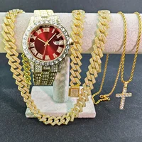 16mm Hip Hop Miami Cuban Link Chain Set Necklace +Watch+Bracelet Creative Iced Out Shiny Trendy Stylish Jewelry For Women Men