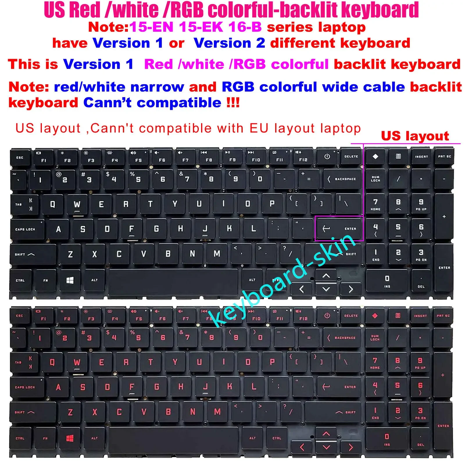 

New US Red/white/RGB Backlit Keyboard For HP 15-EK*** 15-EN*** 16-B**** PN-Q236 TPN-Q265 TPN-Q238 TPN-Q267 version1