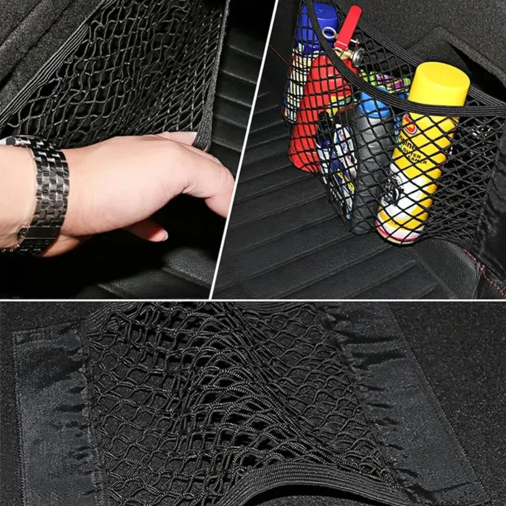 Car Storage Bag Back Rear Mesh Trunk Seat Elastic String Net Magic Sticker Universal Organizer Seat Back Bag