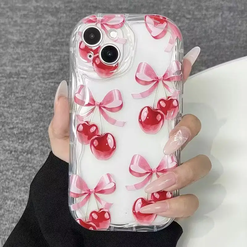 Pink Cherry Bow Wavy-Edge Phone Case Cover