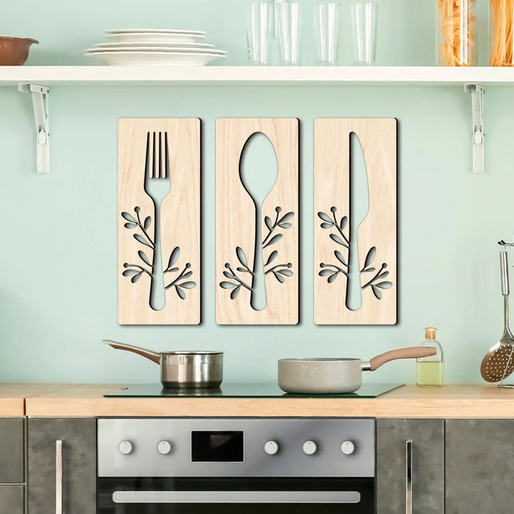 

Wooden Fork Spoon Knife Sign Emblems Kitchen Decor Dining Table Restaurant Wall Basswood