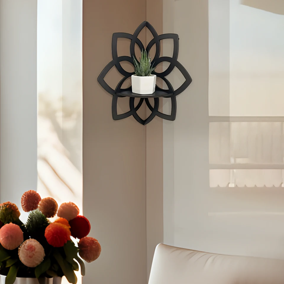 Étagère D'angle Murale En Bois Avec Motif Fleur - Décorative, Pour Petit Rangement Salon Ou Chambre
