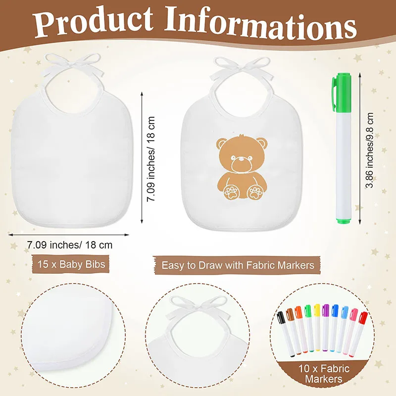 10-60 Sets Baby Shower Game Decorating Gift Baby Bibs Feeding Drooling White Bib Infant Saliva Towel Fabric Marker Stencils 6