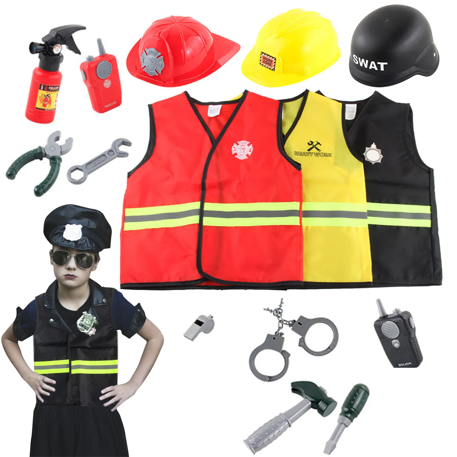 

Children Fireman Policeman Engineer Halloween Carnival Party Performance Policemen Uniform Kids Boys Cosplay Costumes 3-8 Years