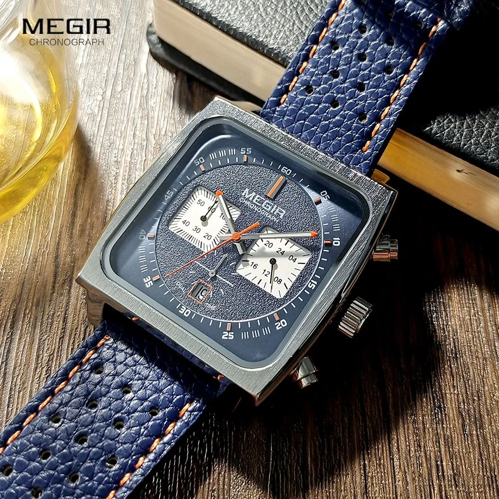 MEGIR Men's Blue Square Dial Chronograph Watch - Casual Sport Leather Strap, Quartz Movement, Date Display, 3ATM Waterproof